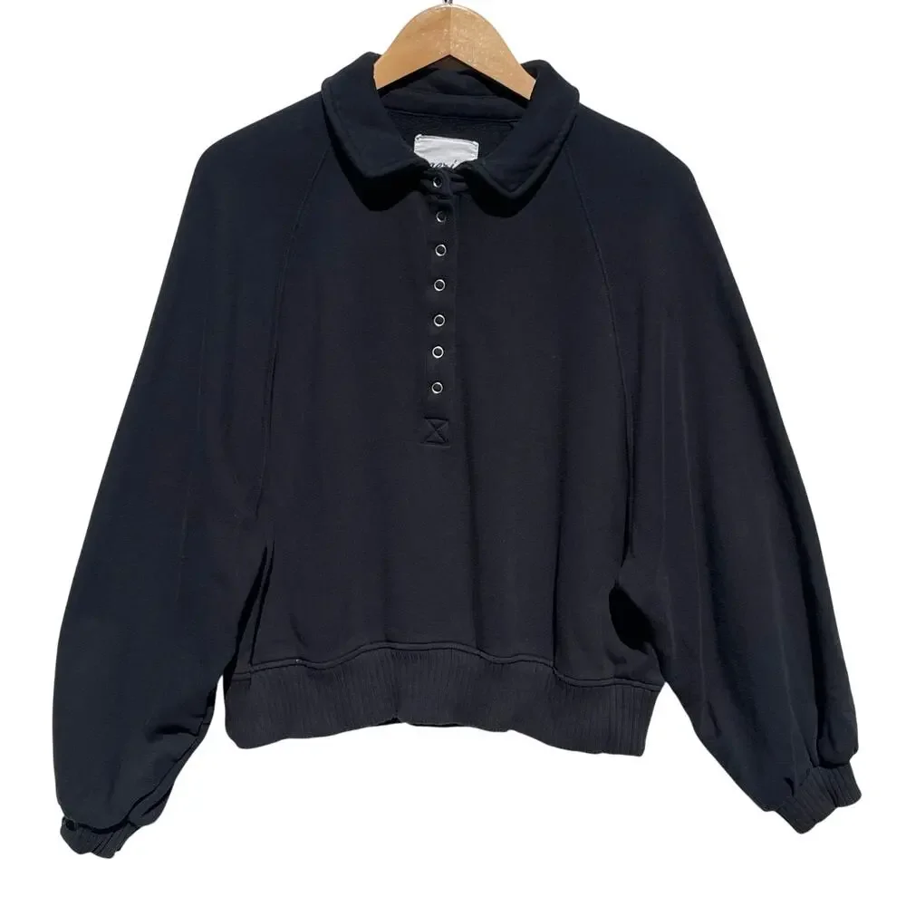 AERIE Women’s 1/4 Snap Pull On Oversized Black Sweatshirt medium - Picture 2 of 4